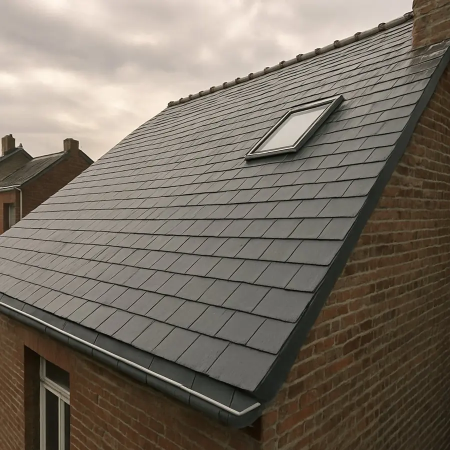 Versant en ardoises neuves avec fenêtre de toit et gouttière en zinc