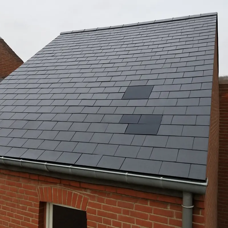 Versant en ardoises sur une maison en brique, gouttière en zinc