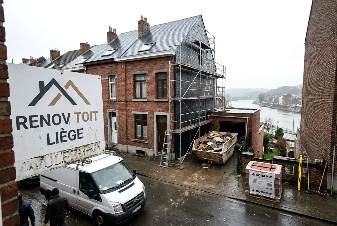 Panneau de chantier Renov'Toit Liège devant une maison sous échafaudage près de la Meuse