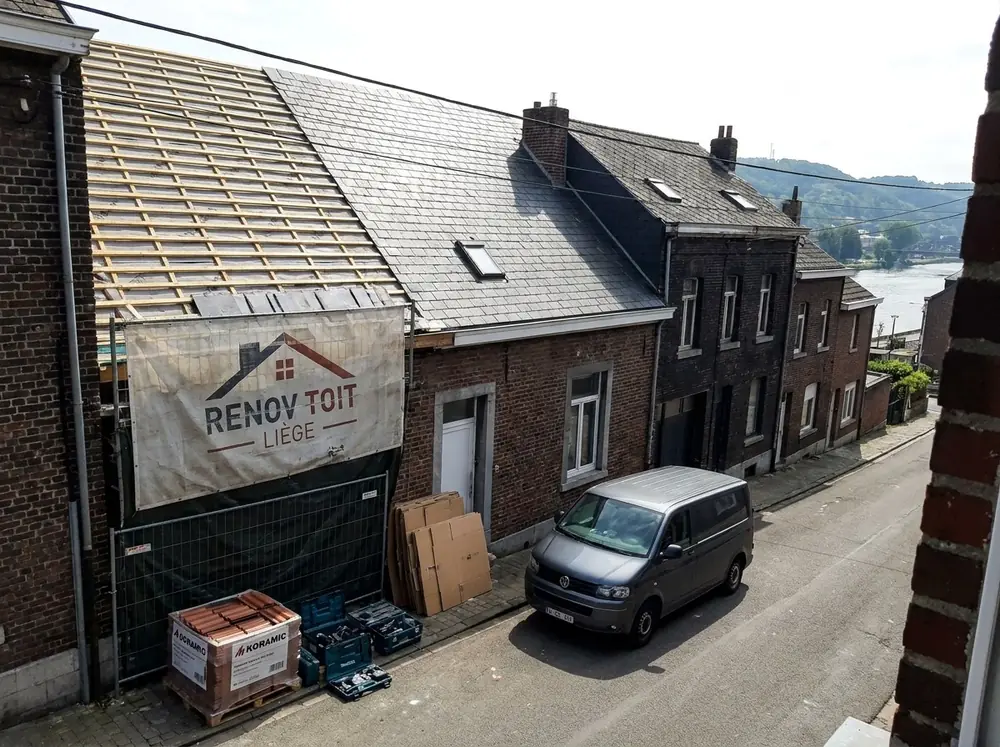Toiture déposée jusqu'au lattage, bâche de chantier sur la façade