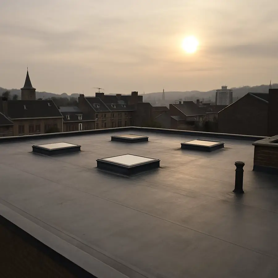 Toit plat en EPDM avec quatre coupoles, vue sur les toits de Liège
